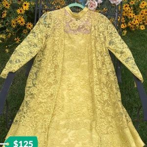 Handmade vintage 1965 yellow lace mock neck sheath dress matching lace jacket
